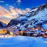Famous and luxury place of Val d'Isere at sunset, Tarentaise, Alps, France