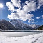Panoramic view of Lake Predil  and the Alps around Tarvisio, Italy
